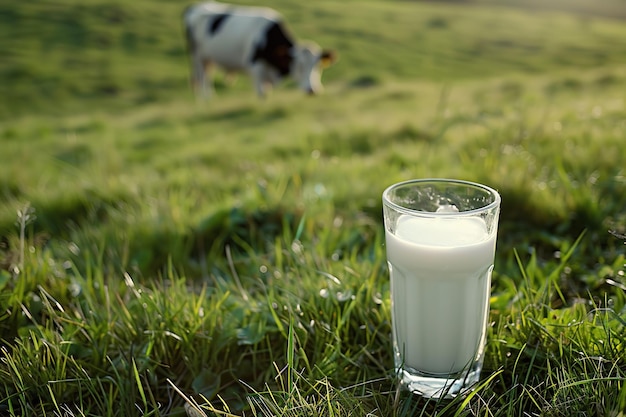 A glass of milk in a sunny meadow with a cow in the background
