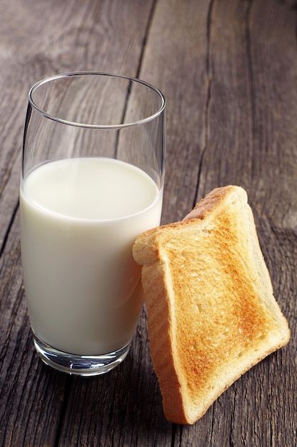 Glass of milk and toast bread on vintage wooden table