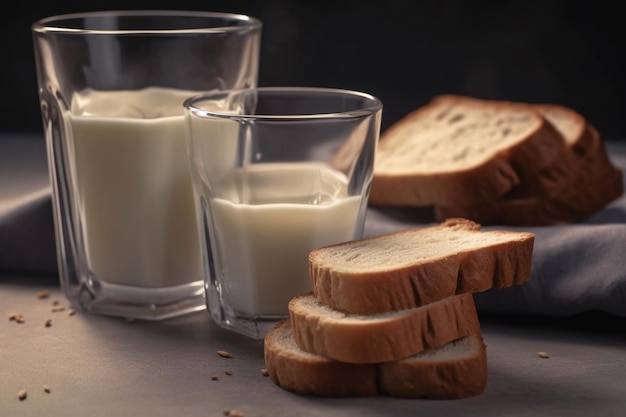 A glass of milk and two glasses of milk sit on a table.