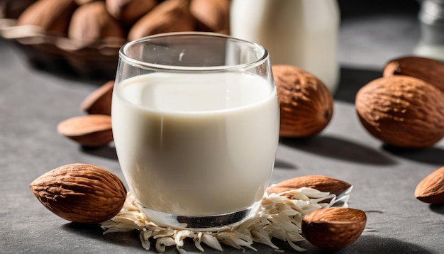 A glass of milk with almonds on the table