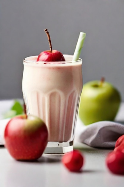 a glass of milk with apples and a green apple in it