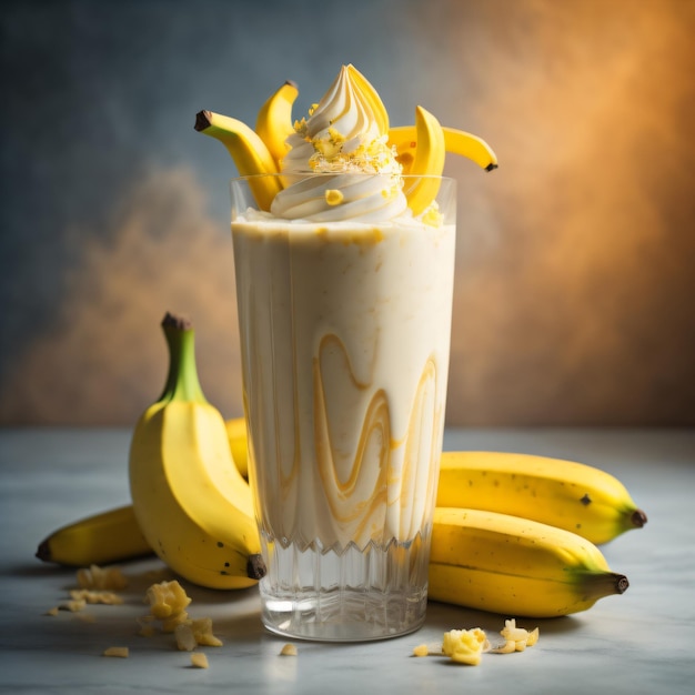 Foto un bicchiere di latte con banane e una banana sopra.
