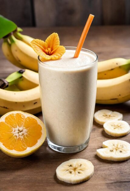 a glass of milk with bananas and oranges on a table