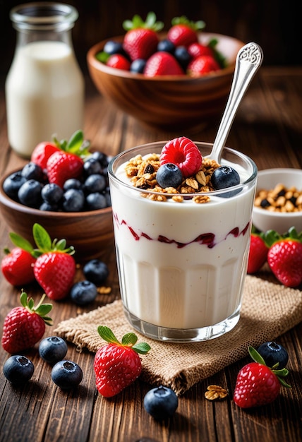 a glass of milk with berries and berries on a table