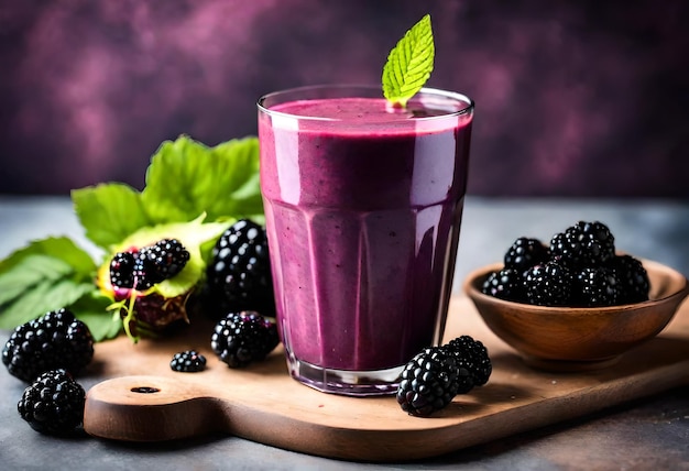 a glass of milk with blackberries and blackberries on a wooden board