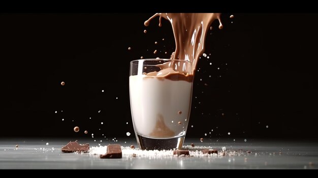 A glass of milk with chocolate on the bottom and a dark background.