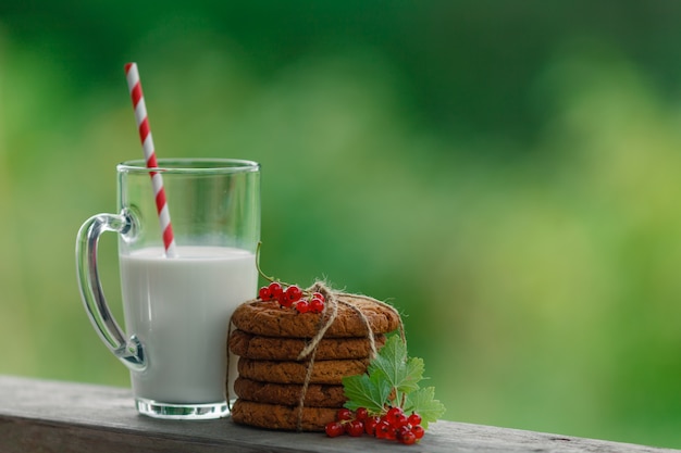 Glass of milk with cookie and berries