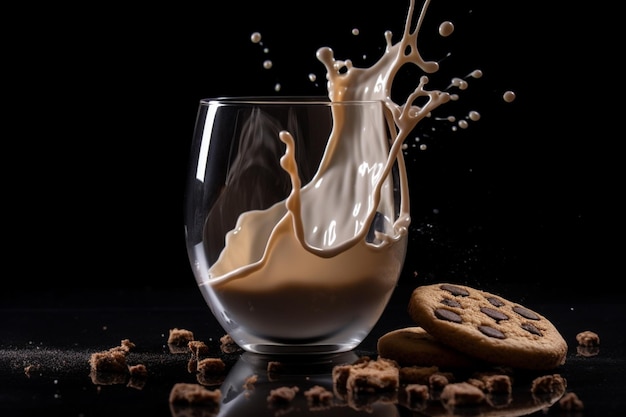 Glass of milk with cookies falling and splashing with a black background