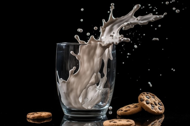 Glass of milk with cookies falling and splashing with a black background