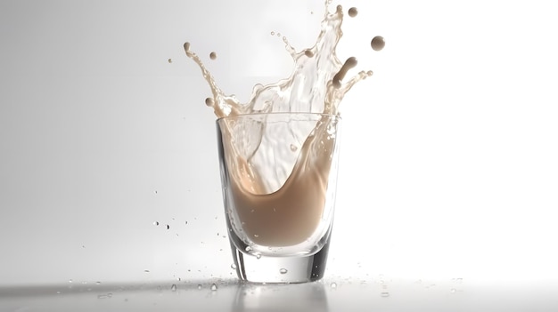 Glass of milk with crown of splashes on white background neural network generated image