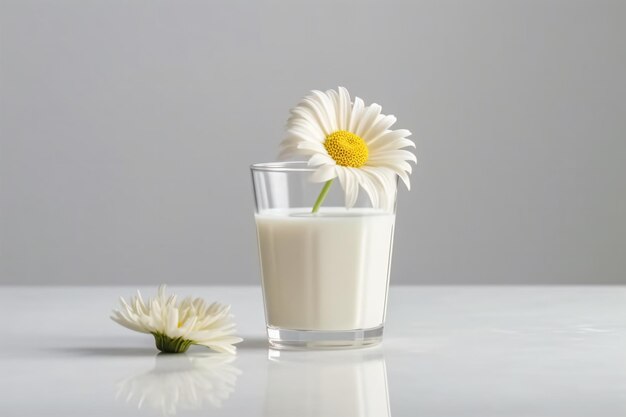 a glass of milk with a flower in it