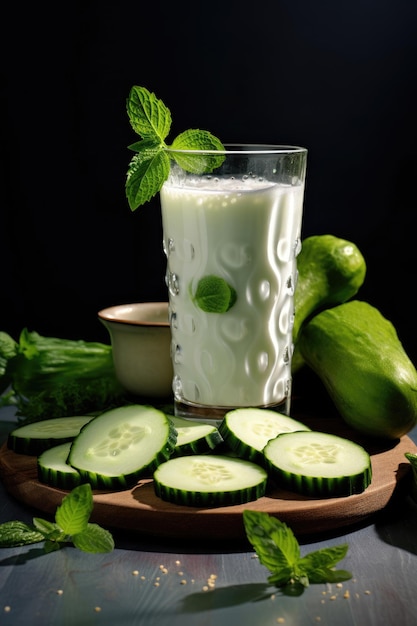 Glass of milk with fresh cucumber