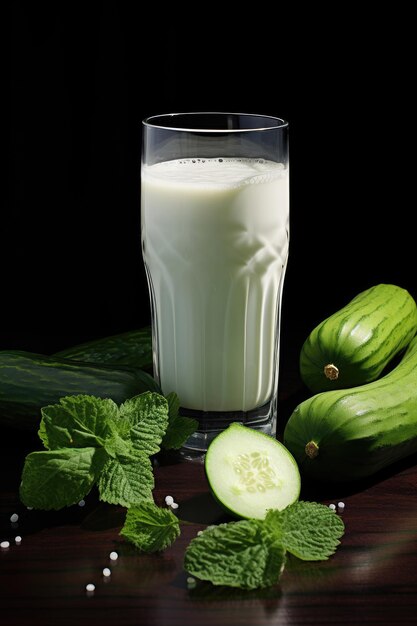 Glass of milk with fresh cucumber