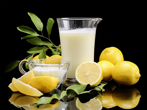 黒い背景のレモンの混合物が入ったミルクのグラス