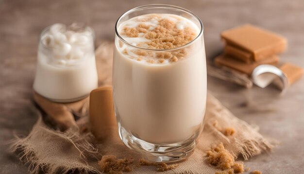 Photo a glass of milk with oatmeal on top of it