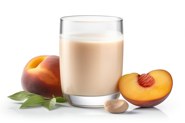 A glass of milk with a peach on it and a half of almonds on the side.