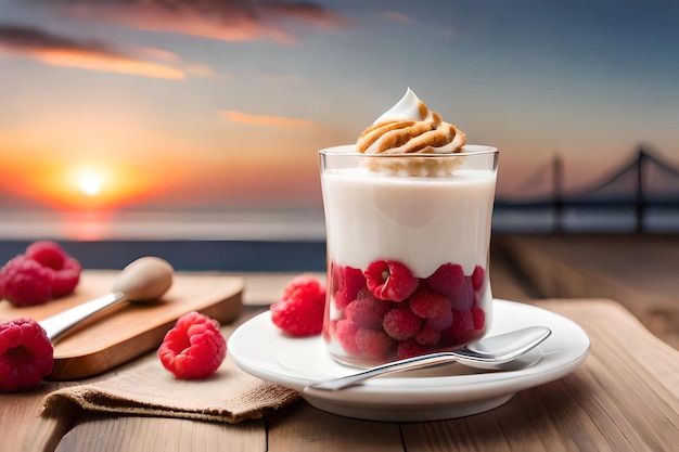 A glass of milk with raspberries and almonds on a wooden table