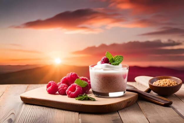 A glass of milk with raspberries on a wooden table