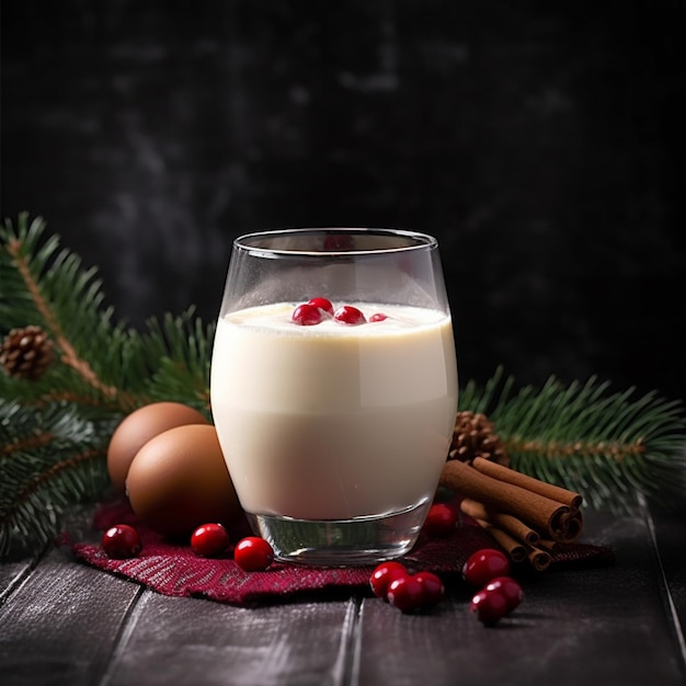 A glass of milk with red berries and a christmas tree branch on the side.