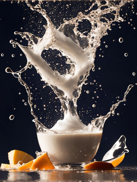 стакан молока с брызгами молока на столе