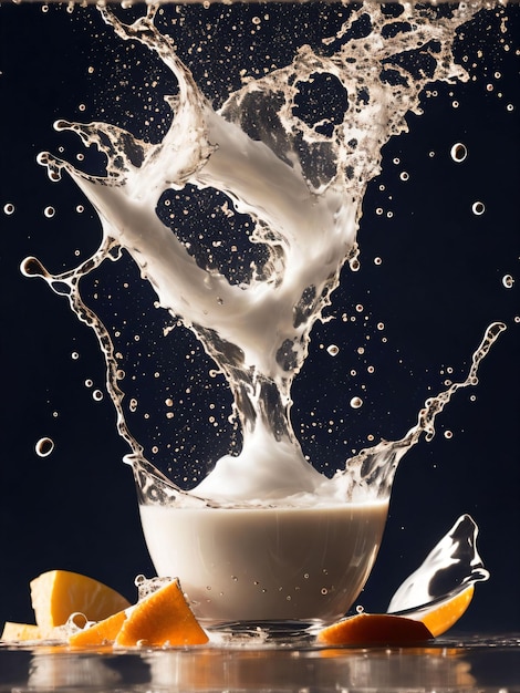 a glass of milk with splash milk on the table