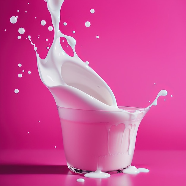 Стакан молока с брызгами на розовом фоне Generative AI