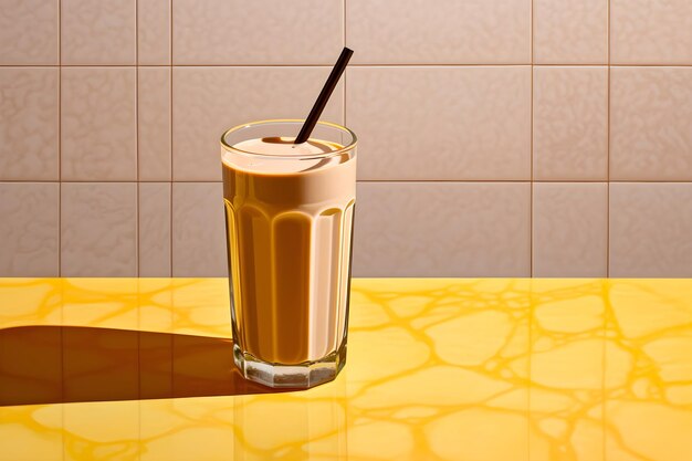 Photo a glass of milk with a straw in it