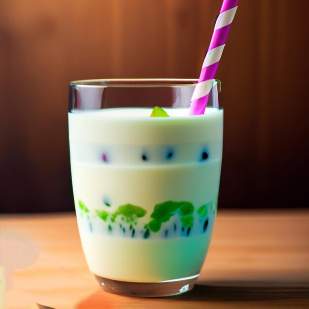 Photo a glass of milk with a straw and a straw in it.