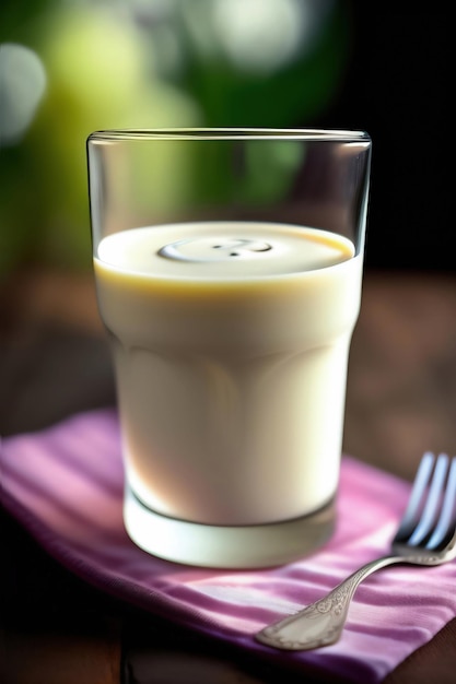 A glass of milk with the word milk on it