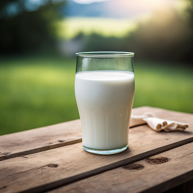 glass of milk on wood background