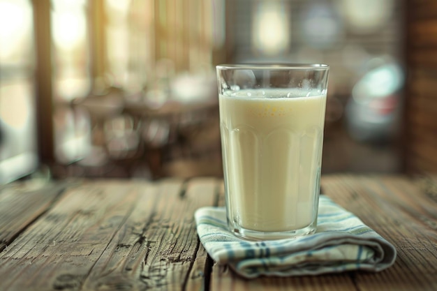 Glass of milk on wooden table with napkin Dairy product