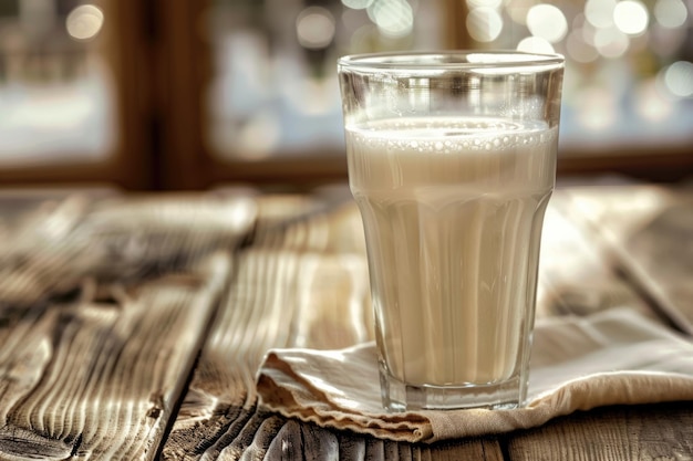 Glass of milk on wooden table with napkin Dairy product