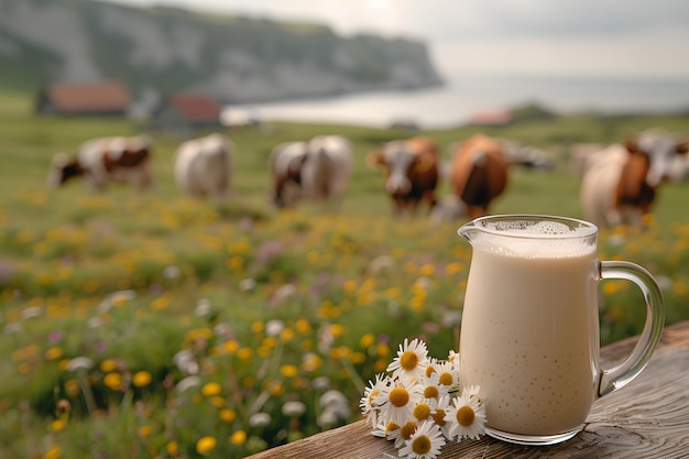 Foto un bicchiere di latte su un tavolo di legno