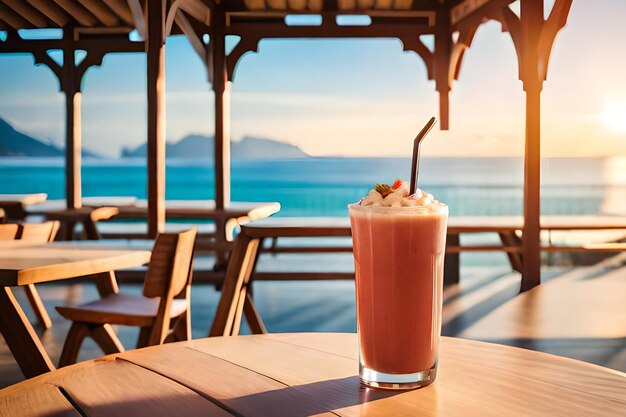 A glass of milkshake on a table with a view of the ocean in the background