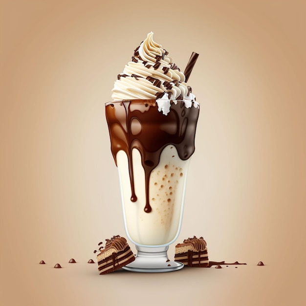 A glass of milkshake with chocolate syrup and whipped cream.