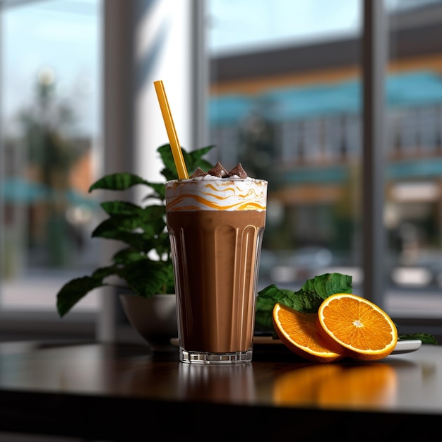 A glass of milkshake with a orange slice next to it.