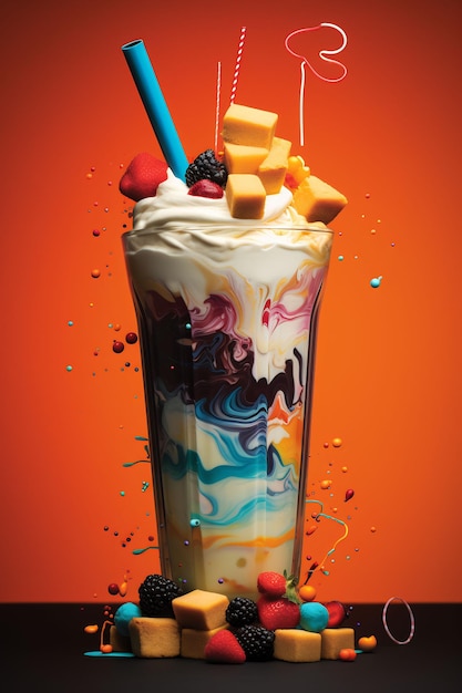 a glass of milkshake with a splash of color