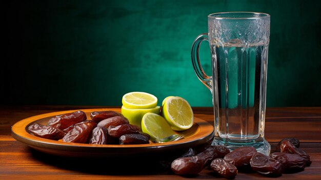 Photo glass of mineral water and dates with almonds