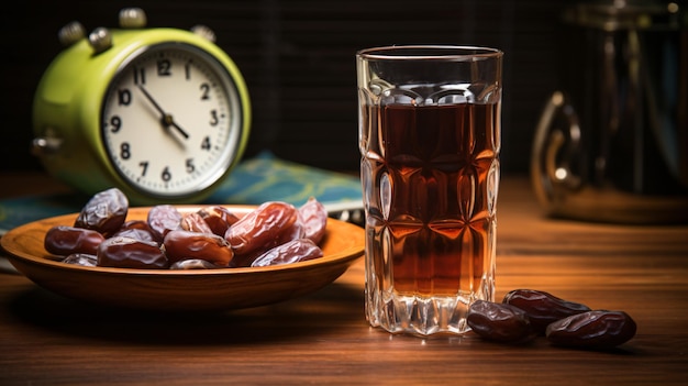 Photo glass of mineral water and dates with almonds