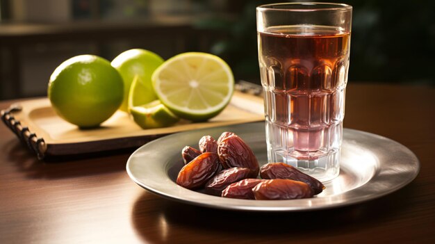 Photo glass of mineral water and dates with almonds