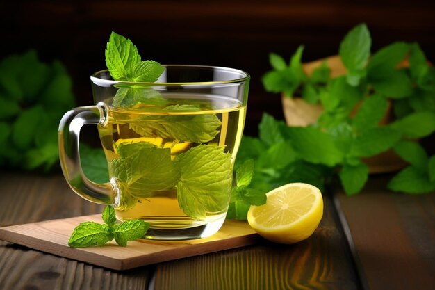 A glass of mint lemon tea on wooden table