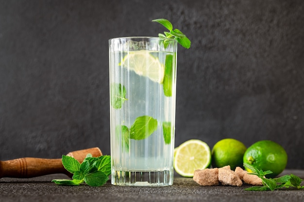 Glass of mojito cocktail with ingredients