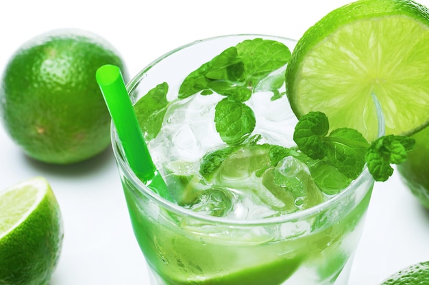 Glass of Mojito highball cocktail or refreshing drink with lime and mint