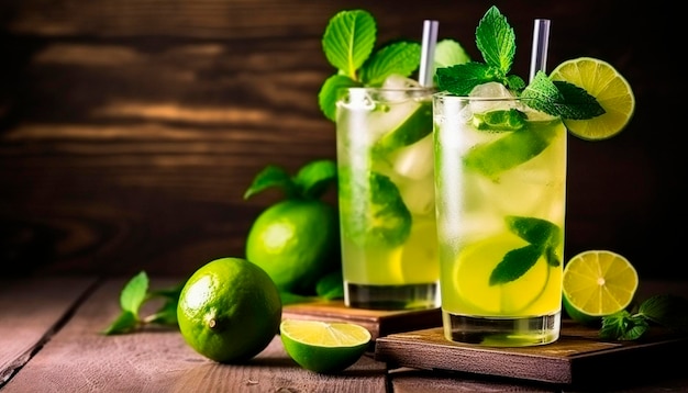 A glass of mojito and lemon Table fruit professional background