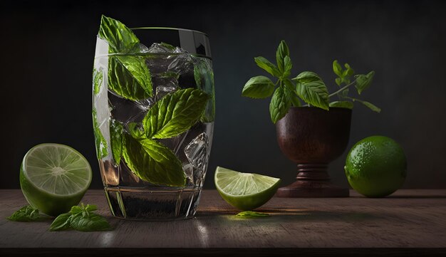 A glass of mojito with fresh mint leaves and a lime on the side