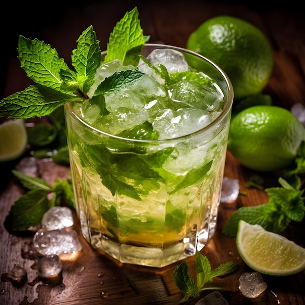 A glass of mojito with ice and limes on a wooden table.