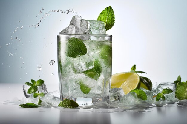 A glass of mojito with ice and limes