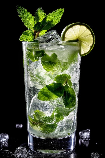 A glass of mojito with a lime and mint on the rim