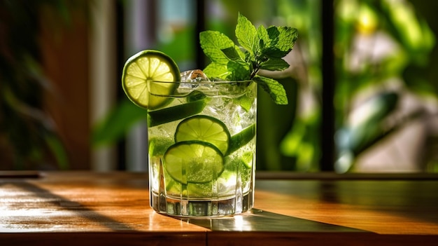 A glass of mojito with a lime and mint on the rim