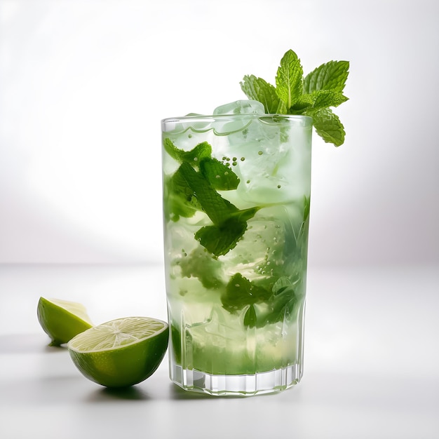 A glass of mojito with a lime on the side.